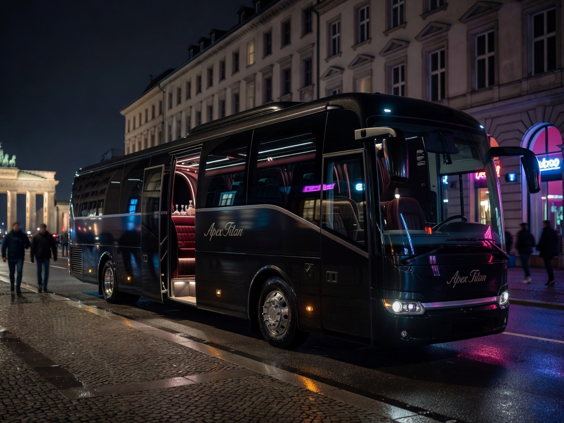 Apex Titan luxury party bus exterior parked at nighttime in Berlin