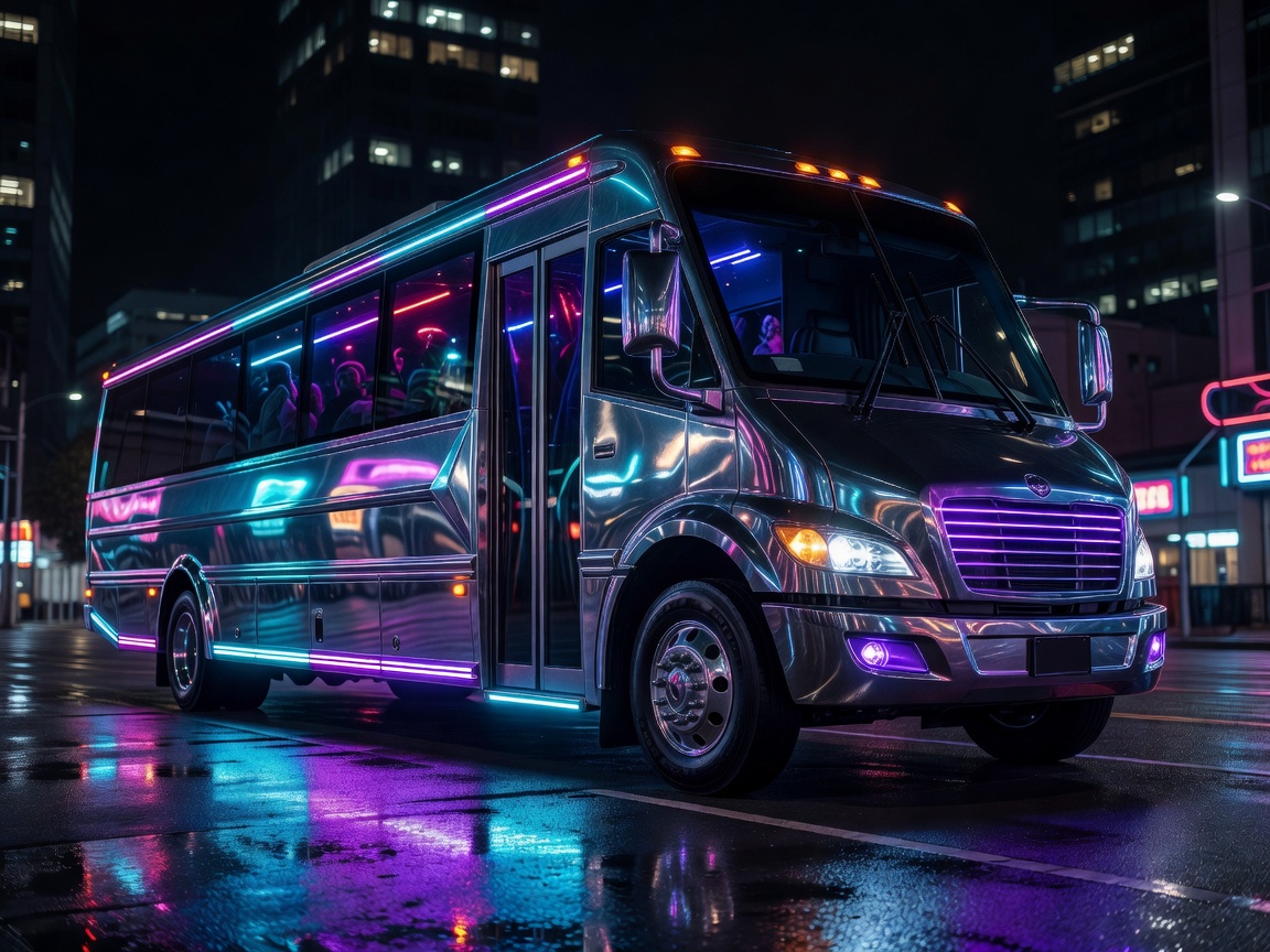 Apex Titan Party Bus Chassis with Neon Underglow and Chrome Panels