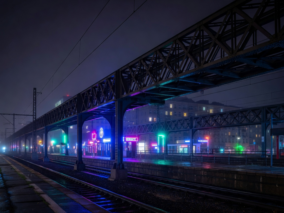 Berlin Friedrichshain night scenery with neon lights and railway overpasses
