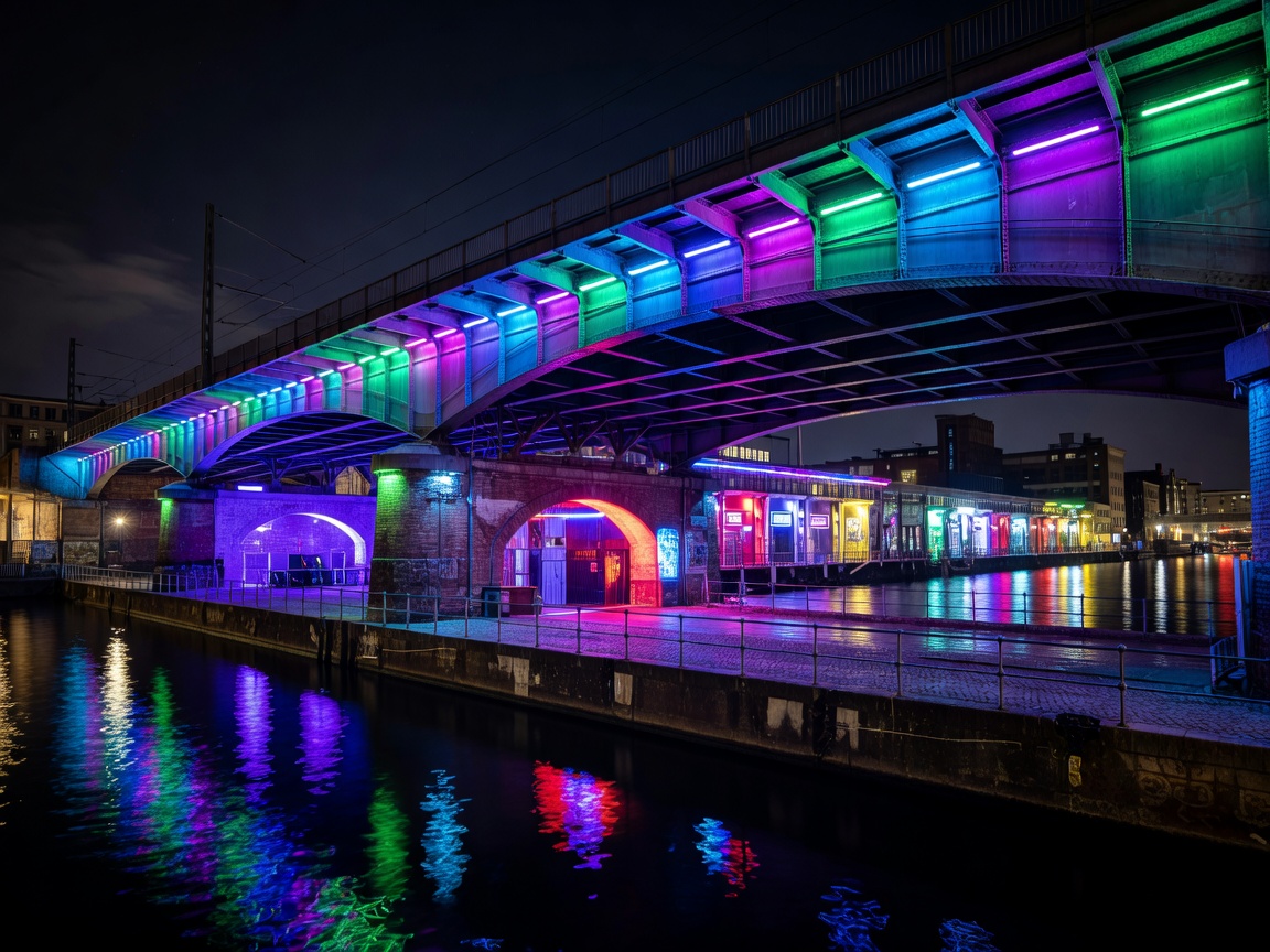 Berlin Spree River Overpass and Club District illuminated in electric colors