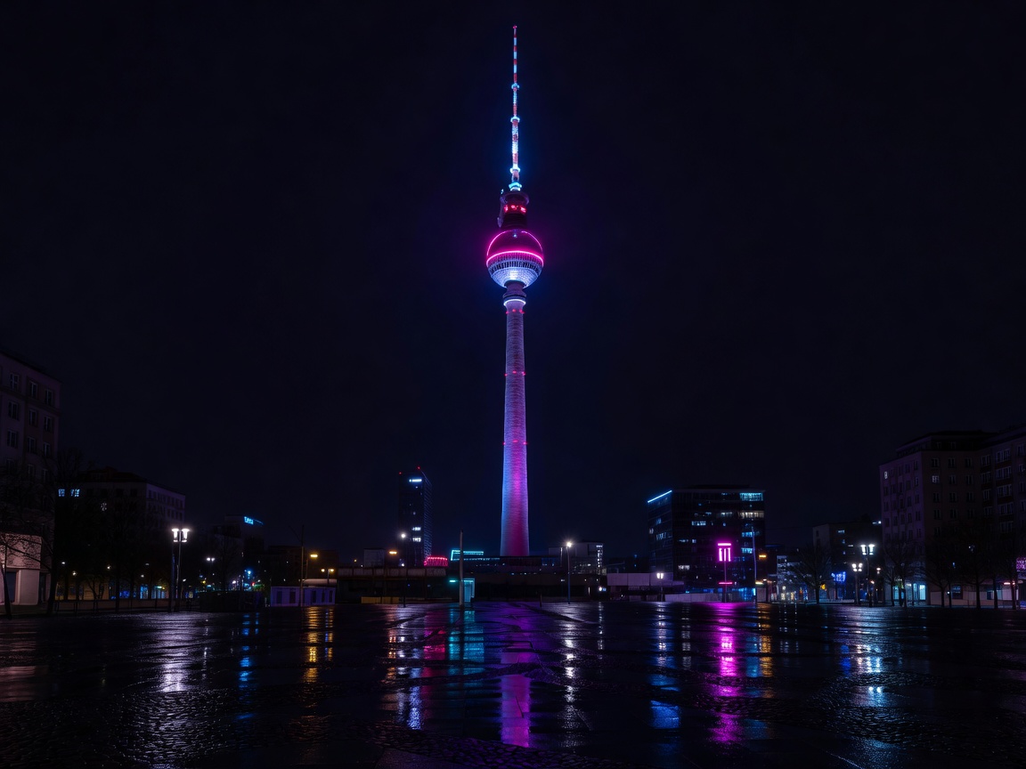 Berlin TV Tower Alexanderplatz at Midnight with neon reflections