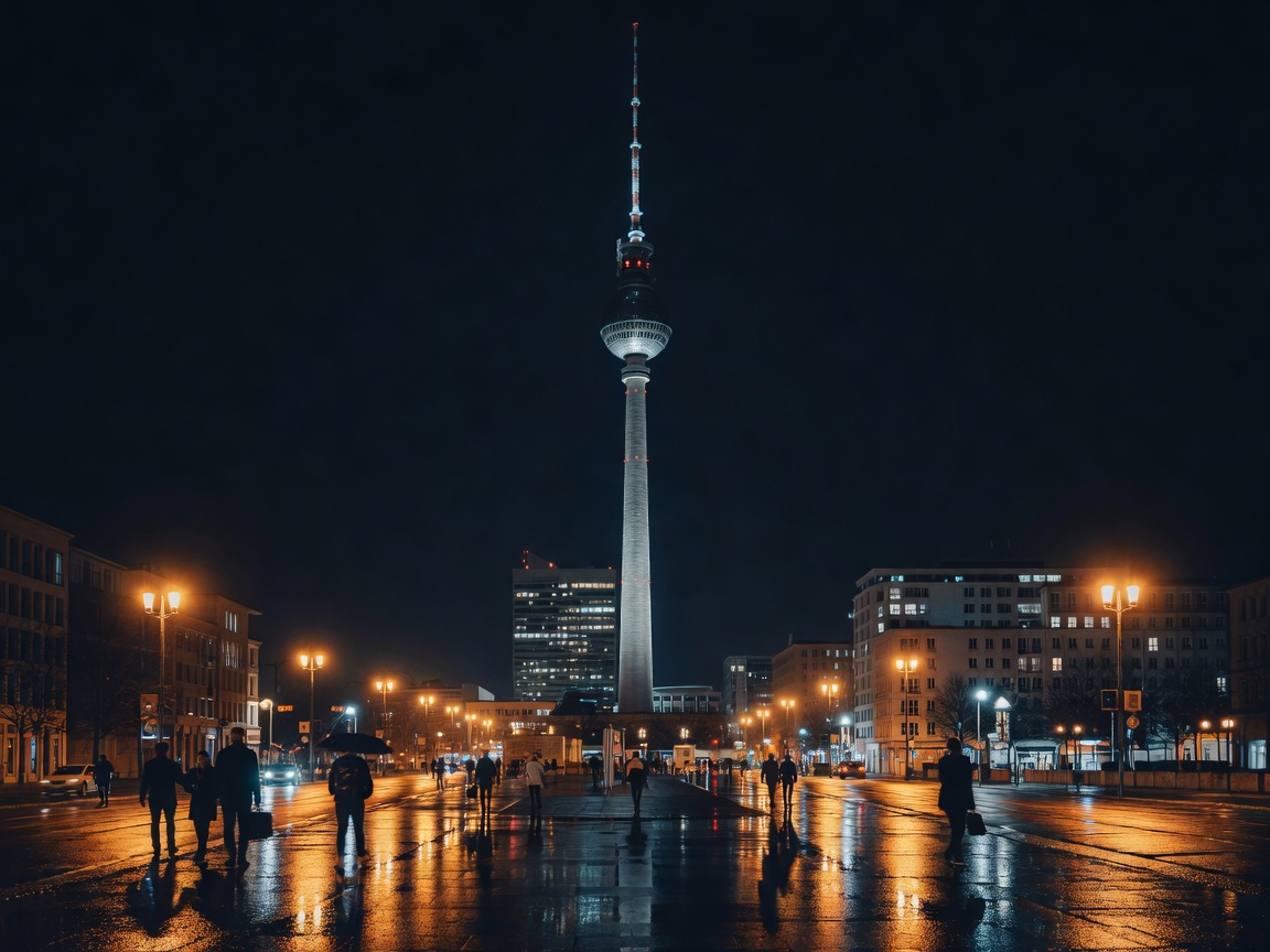 Berlin TV Tower Alexanderplatz at night under glowing streetlights