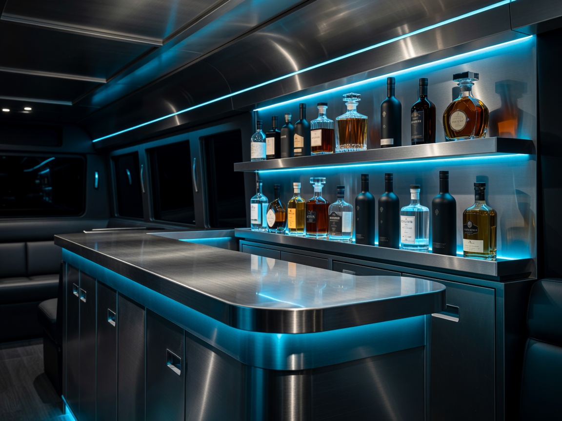 Brushed steel luxury bar inside a party bus with neon cyan backlighting and premium bottles