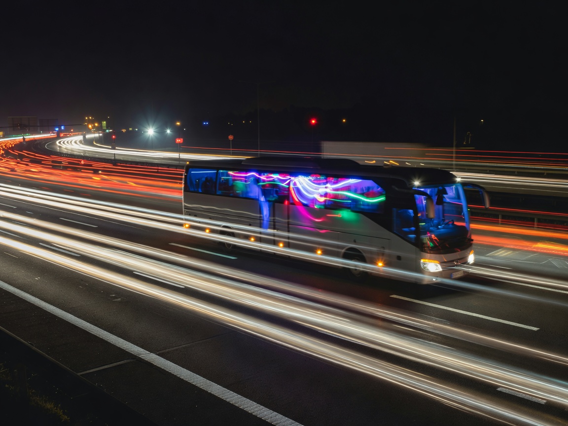 German Autobahn long exposure light trails at night with speeding party coach