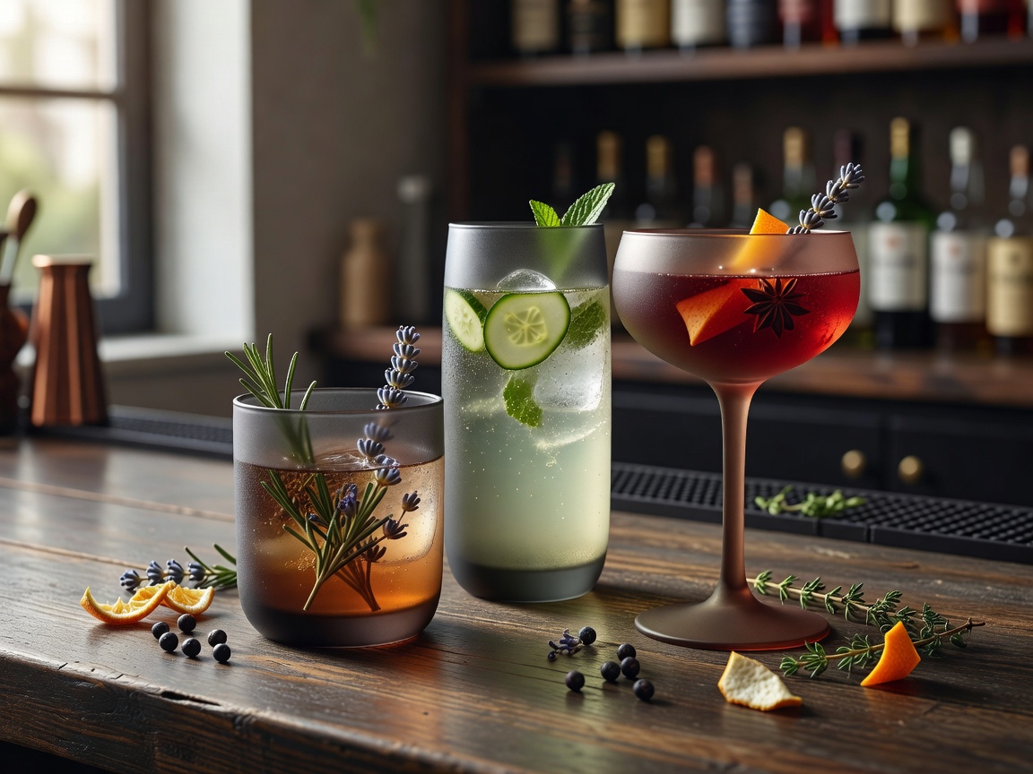 Premium Craft Cocktails in Matte Glassware with Botanical Infusions