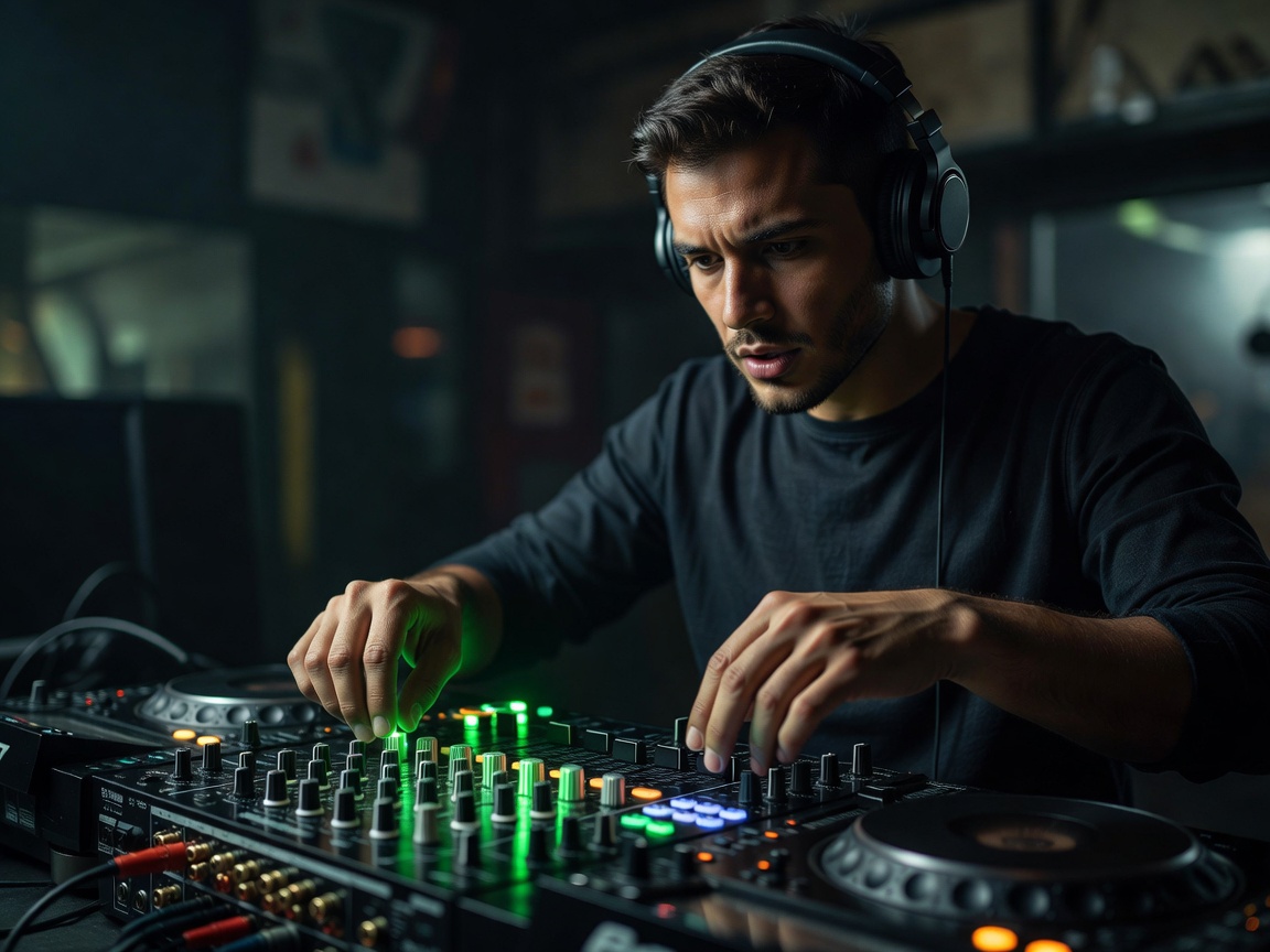 Professional Resident Techno DJ on Mixer with Neon Green Sliders